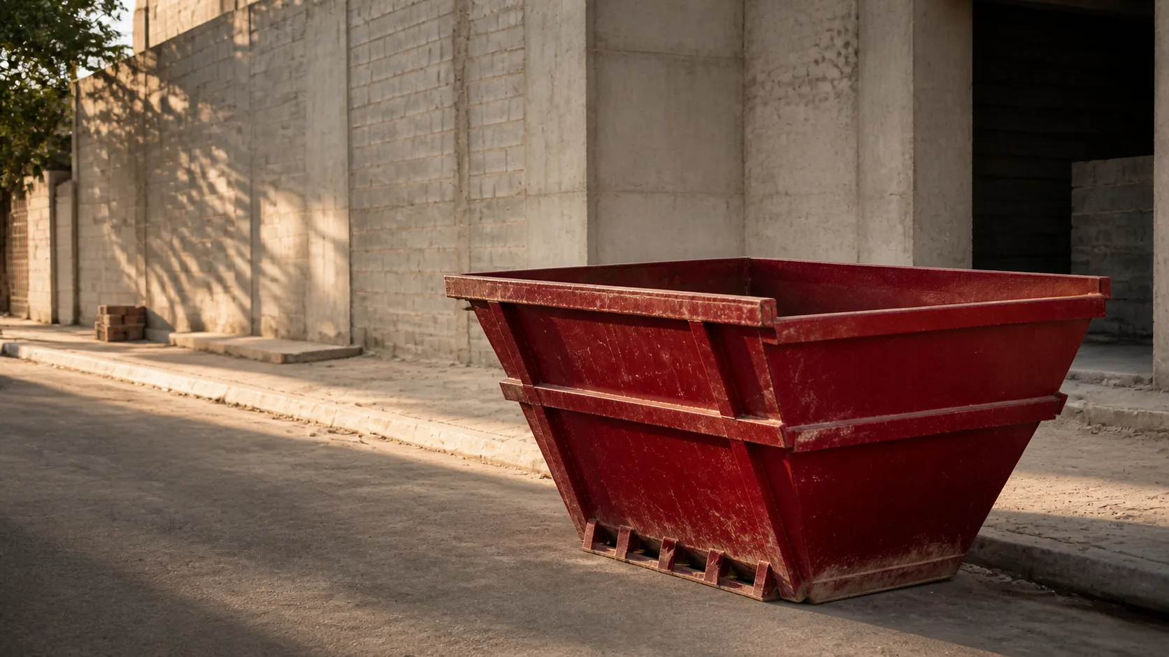 Caçamba posicionada em canteiro de obra durante reforma
